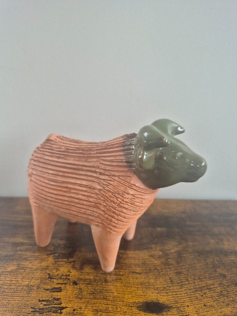 Classic Chia Pet Handcrafted Terracotta and Green Bull Sculpture